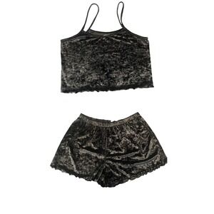 Colsie Womens L Black Velvet Pleated Lounge Set Cami Top and Shorts 2pc (0929)